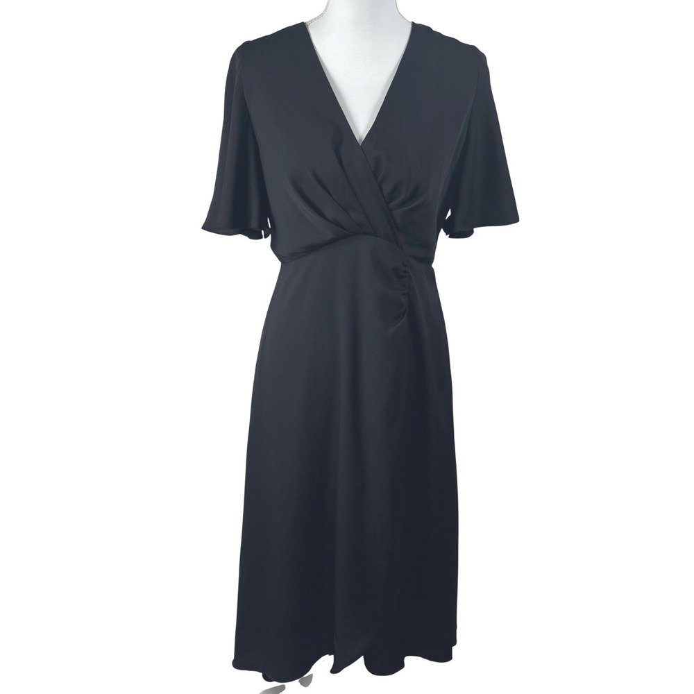 ASTR The Label Midi Dress Sz M Black Faux Wrap Ruched Flutter Sleeve LBD Classic